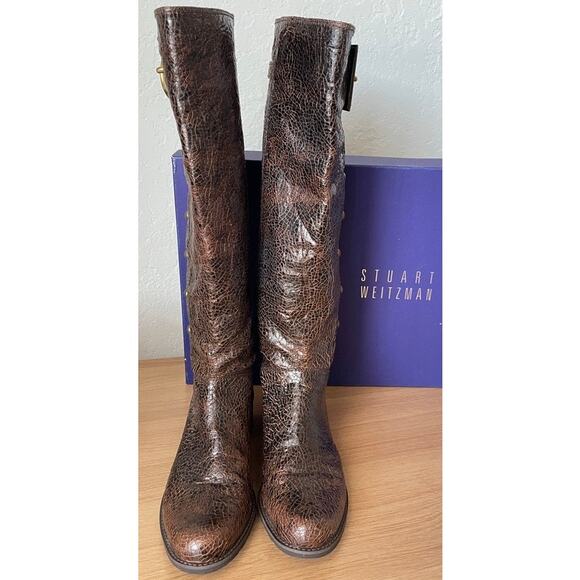 Stuart Weitzman Brown Leather Tall Boots Brass Ring - Picture 6 of 12